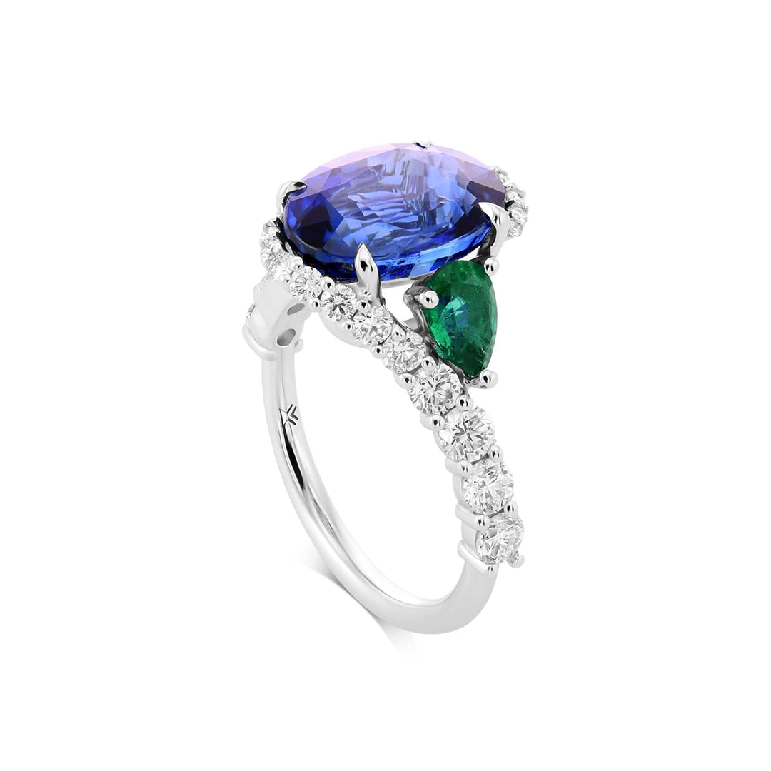 LEIBISH Royal Blue Sapphire, Pear Emerald &amp; Diamond Couture Ring Brand Ring