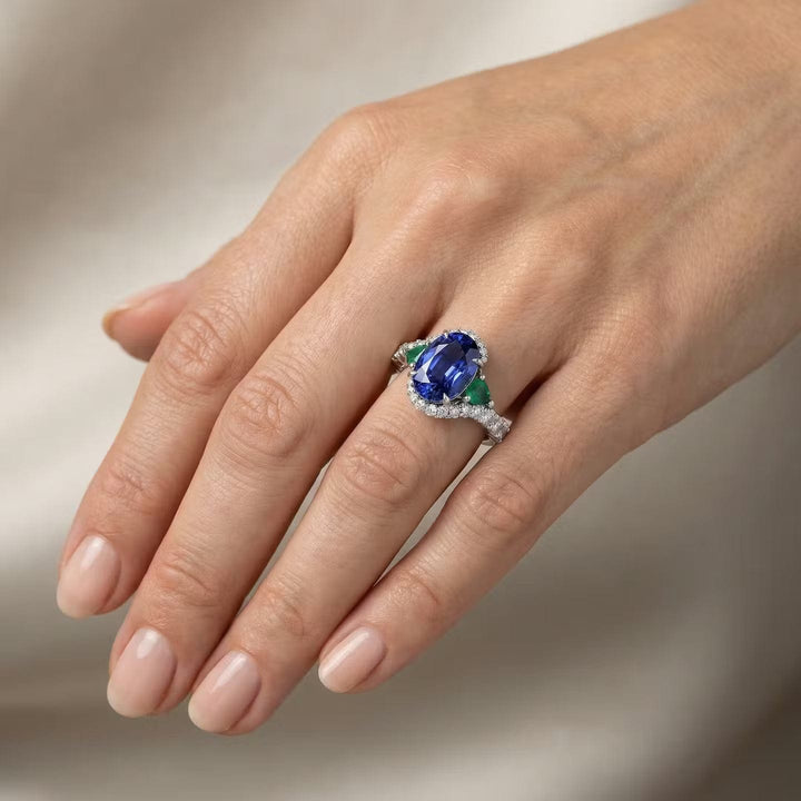 LEIBISH Royal Blue Sapphire, Pear Emerald &amp; Diamond Couture Ring Brand Ring