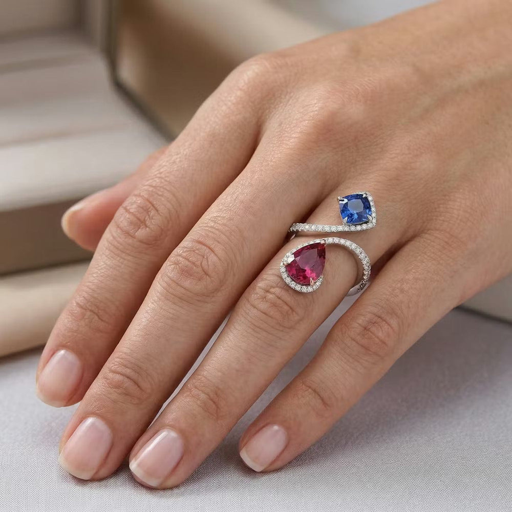 LEIBISH Ruby & Blue Sapphire Two-Stone Diamond Crossover Ring Brand Ring