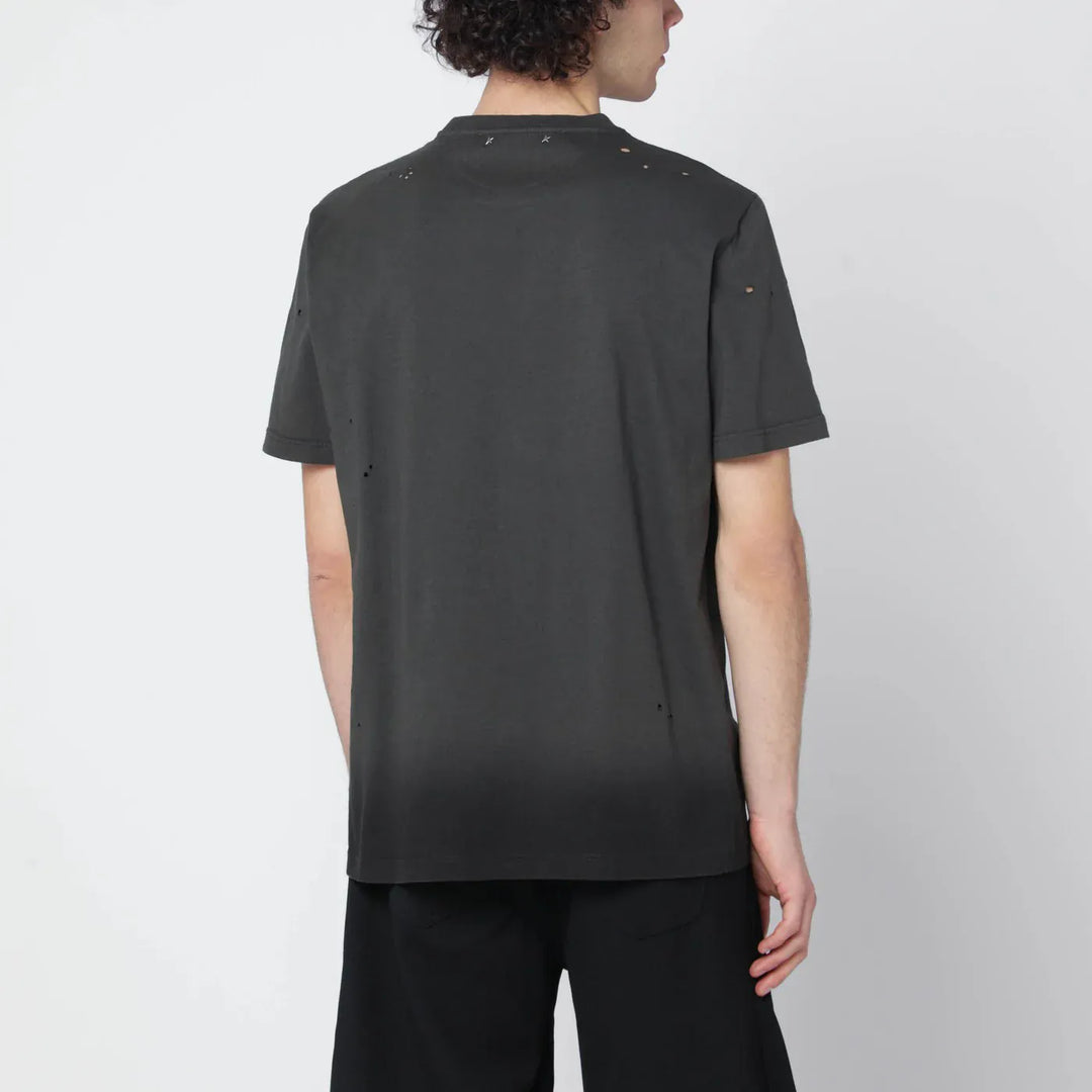Golden Goose - Vintage-effect anthracite T-shirt with perforated heart Brand Shirts &amp; Tops