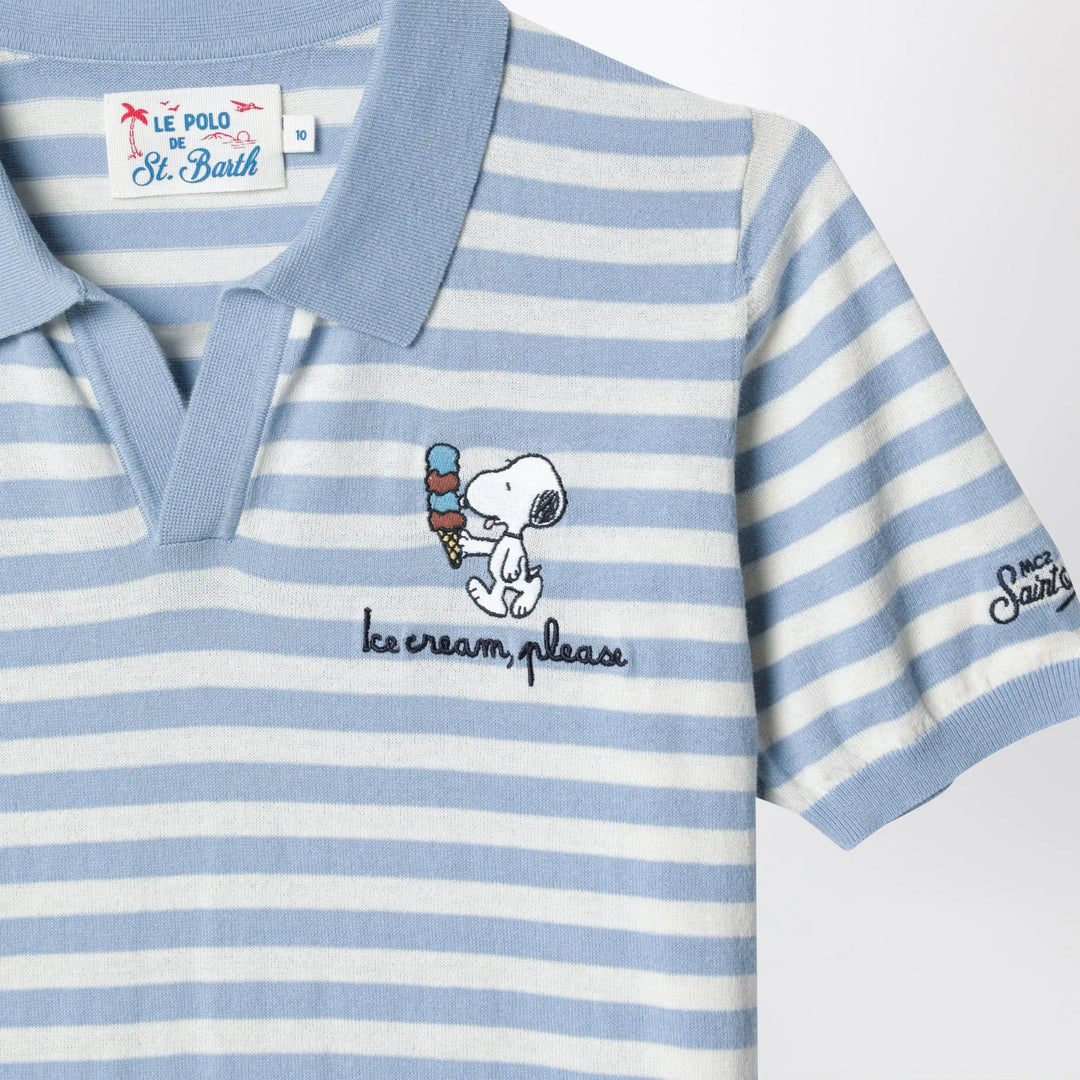 MC2 Saint Barth - White/light blue striped polo shirt with Snoopy embroidery Brand Shirts &amp; Tops