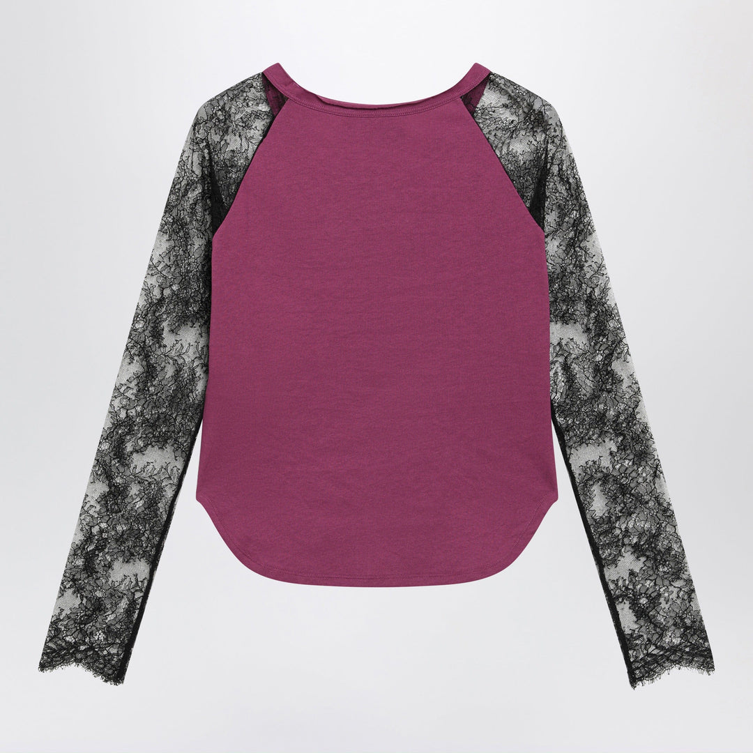 Valentino - Cyclamen Panther 60 T-shirt with black lace sleeves Brand Shirts &amp; Tops