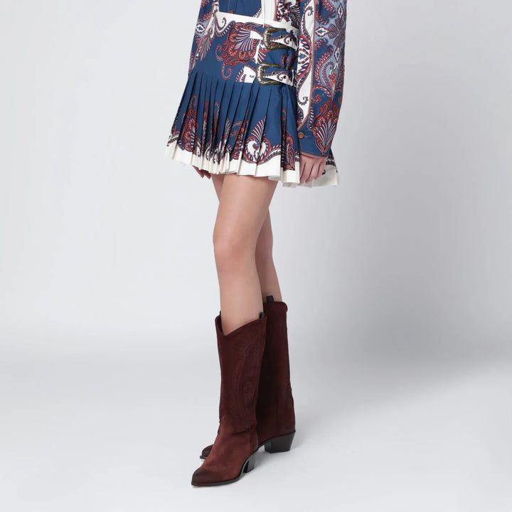 FARM Rio - Deep blue and sand pleated mini skirt with arabesque print Brand Skirts
