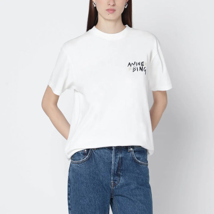 ANINE BING - Ivory T-shirt with logo print Brand T-Shirts