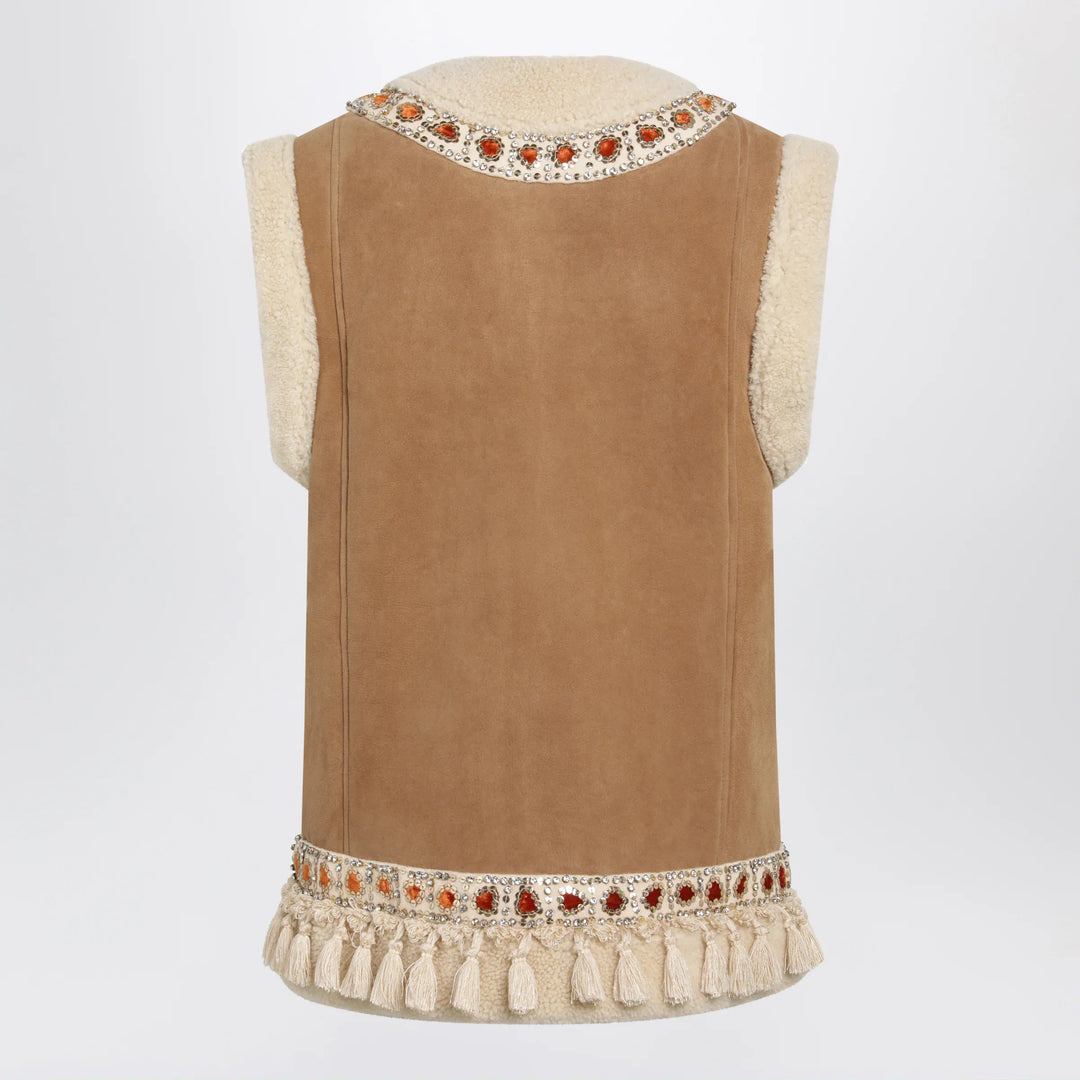 Valentino - Camel shearling and suede vest Brand Vests 42  IT