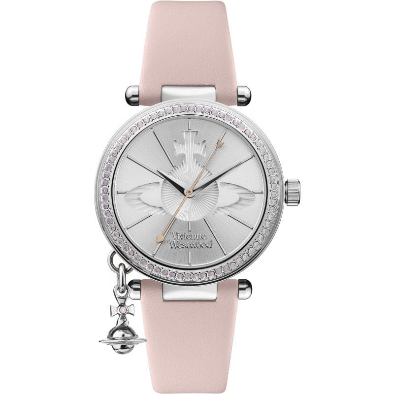 Vivienne Westwood Watch Vivienne Westwood Orb Pastelle Watch Pale Pink Leather Strap Silver Case With Swarovski Charm Women's Watch I Designer Vivienne Westwood I Orb Pastelle Pale Pink Silver  Brand