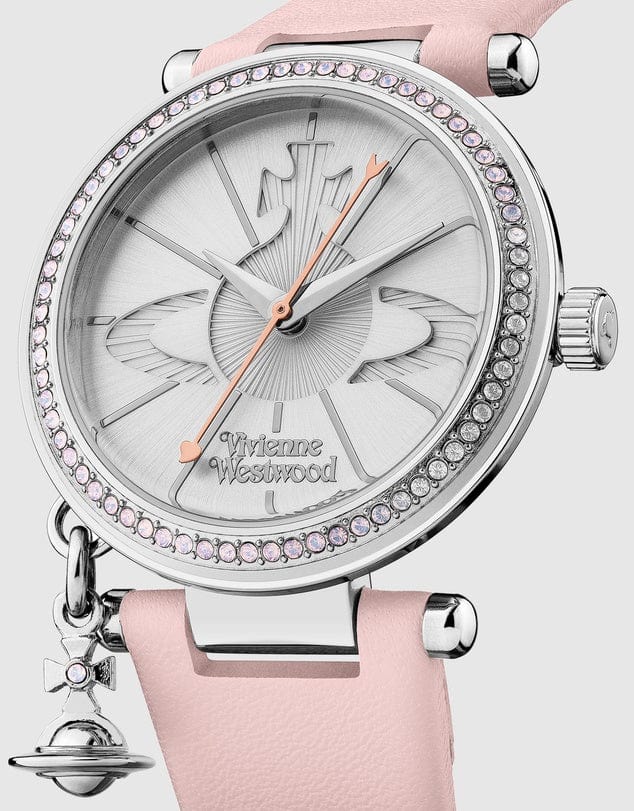 Vivienne Westwood Watch Vivienne Westwood Orb Pastelle Watch Pale Pink Leather Strap Silver Case With Swarovski Charm Women's Watch I Designer Vivienne Westwood I Orb Pastelle Pale Pink Silver  Brand