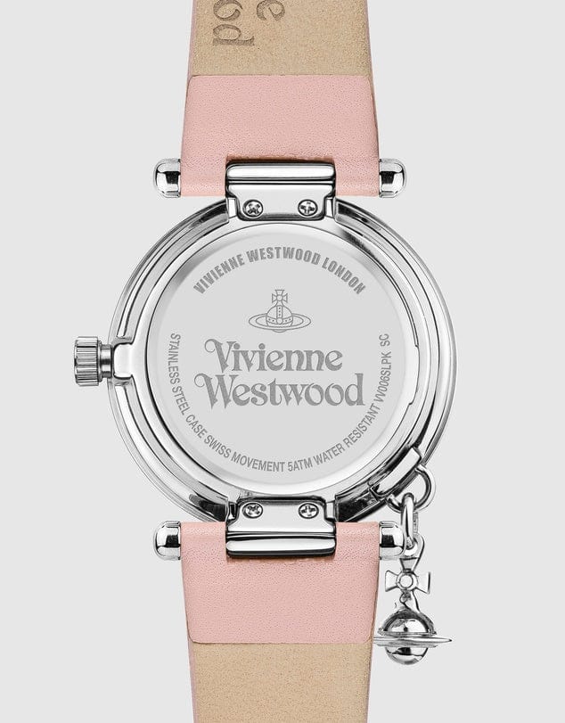 Vivienne Westwood Watch Vivienne Westwood Orb Pastelle Watch Pale Pink Leather Strap Silver Case With Swarovski Charm Women's Watch I Designer Vivienne Westwood I Orb Pastelle Pale Pink Silver  Brand