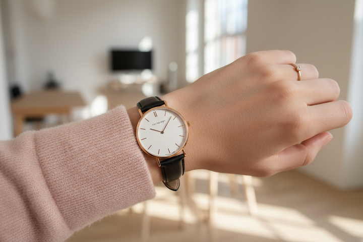 Nordgreen Native 32mm Rose Gold Case Black Leather watch worn on wrist, luxury lifestyle editorial
