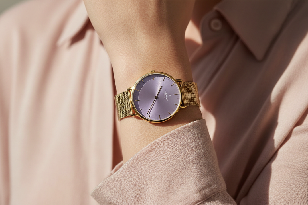 Nordgreen Native Lavender Gold Mesh Wrist Lifestyle v2